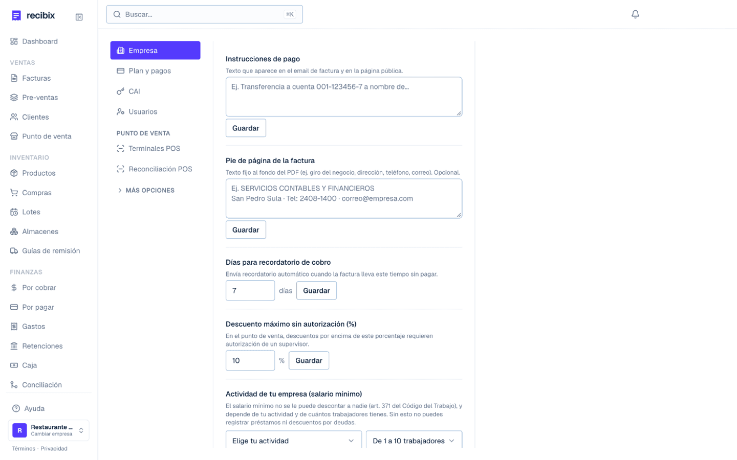Configuración de los días para el recordatorio automático de cobro