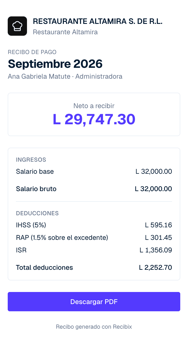 Recibo de pago de un empleado abierto en el teléfono desde el enlace de WhatsApp, con ingresos, deducciones y neto