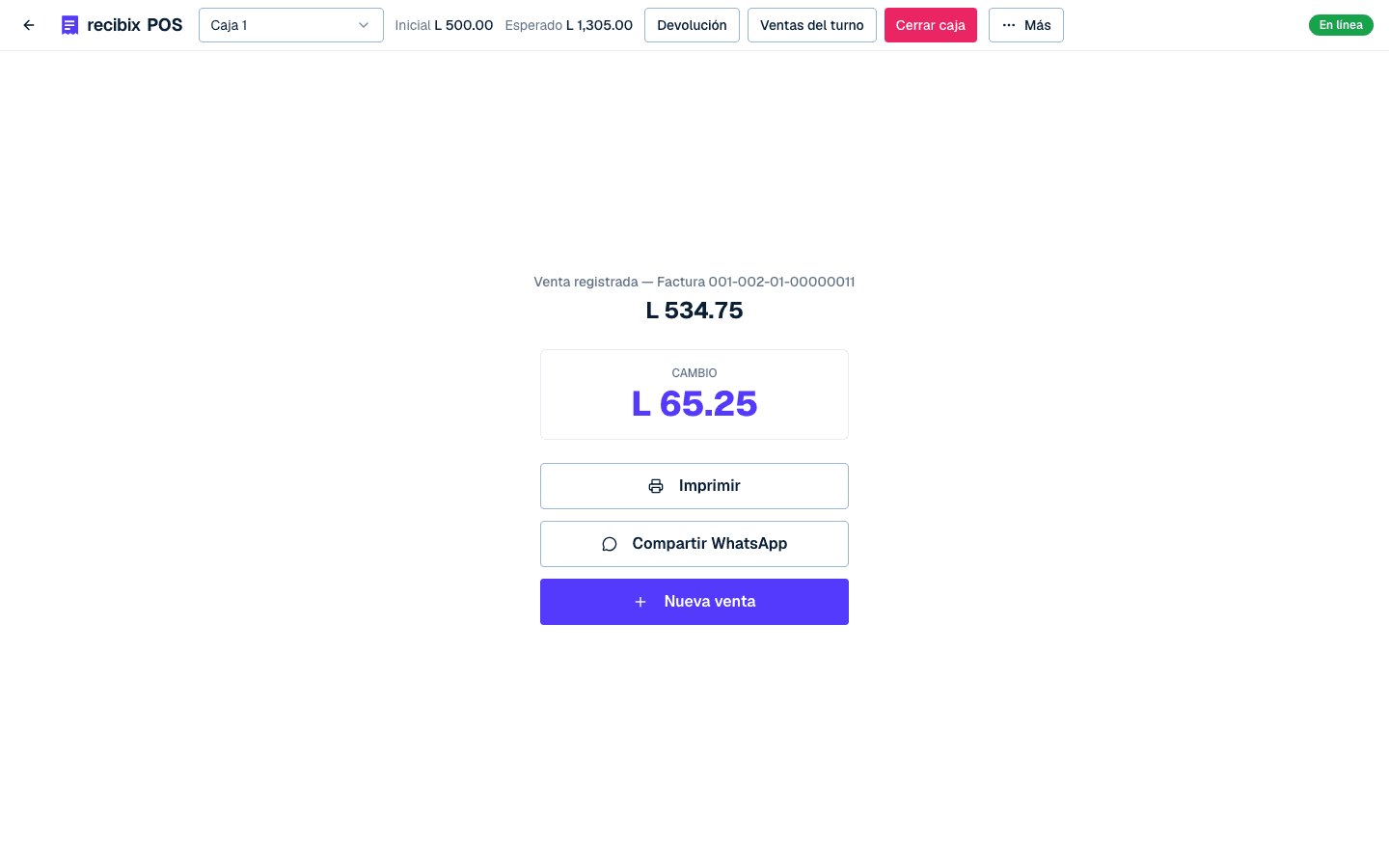 Venta cerrada en el punto de venta con el cambio, imprimir y compartir por WhatsApp