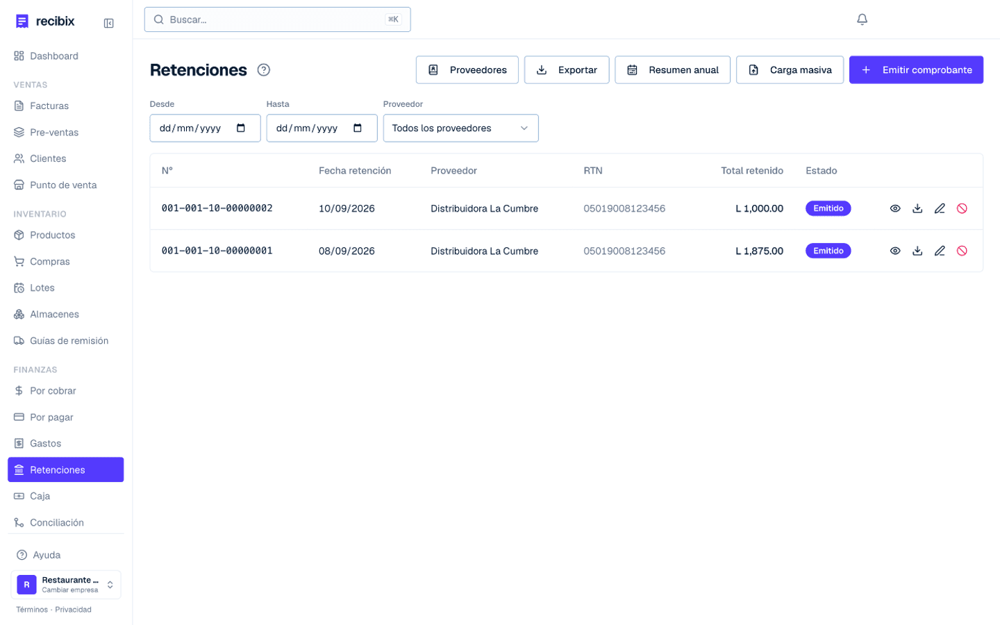Pantalla de comprobantes de retención de Recibix con los comprobantes emitidos y su total retenido