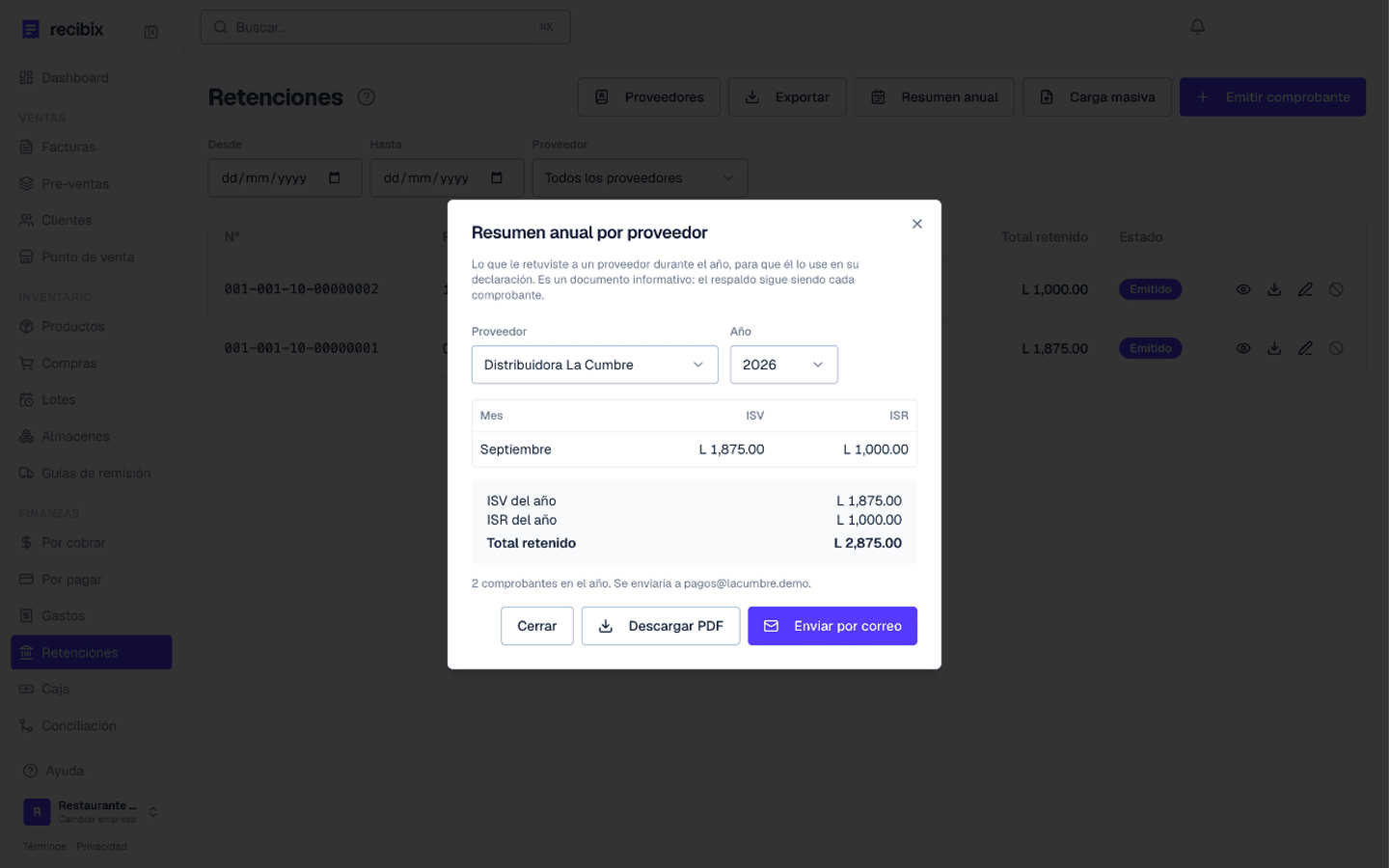 Resumen anual de un proveedor con lo retenido por mes, separado en ISV e ISR, y el total del año