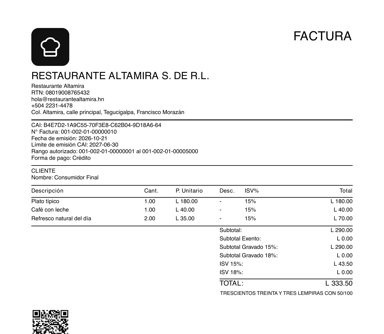 Factura impresa desde Recibix: logo y razón social del negocio, CAI, número de factura, cliente con su RTN, detalle con ISV y código QR para verificarla