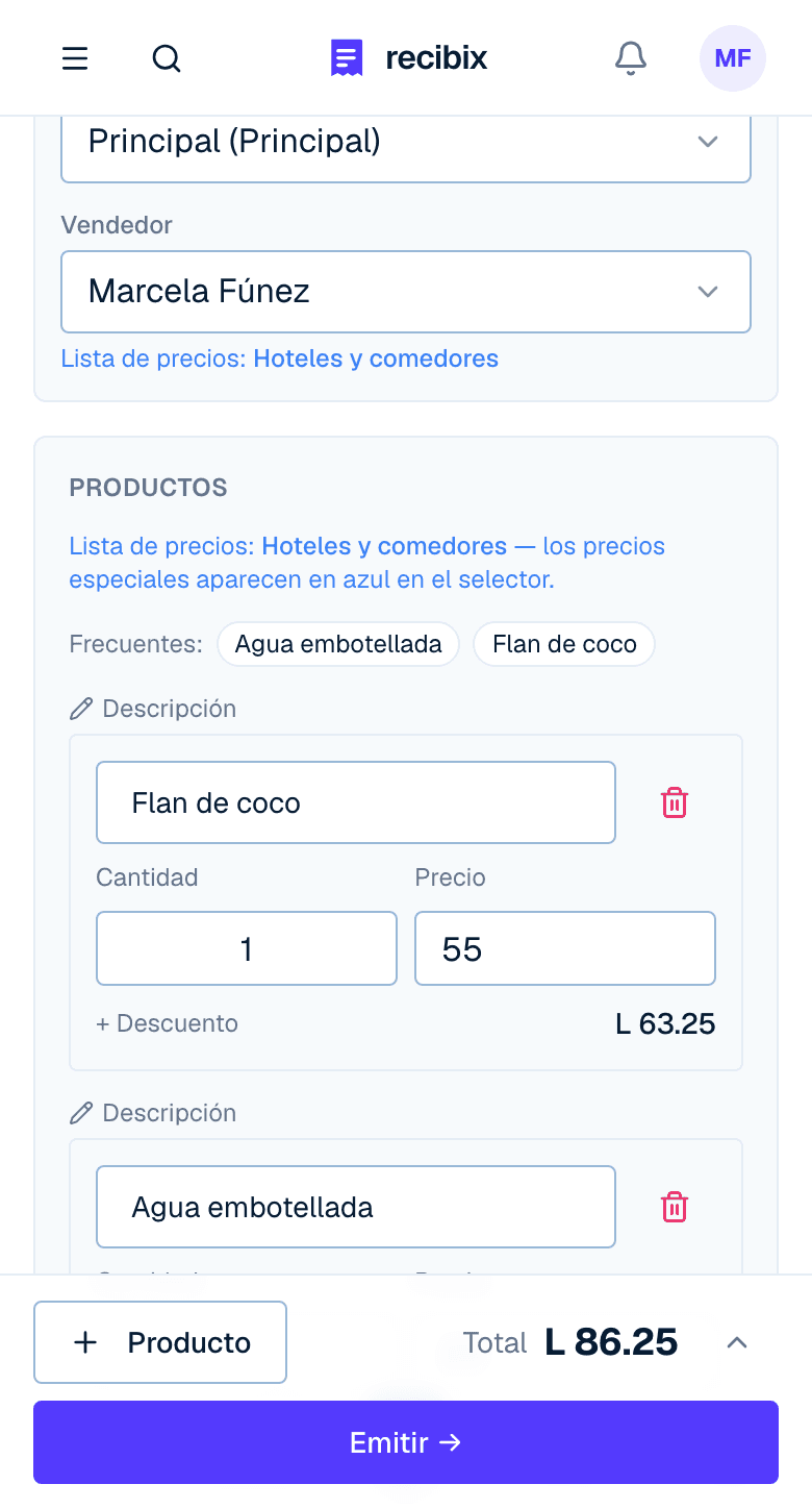 Factura en preparación en el celular, con dos productos y el total calculado, lista para emitir