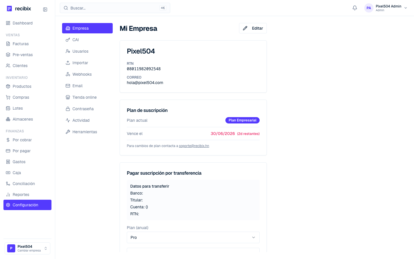 Configuración de la empresa